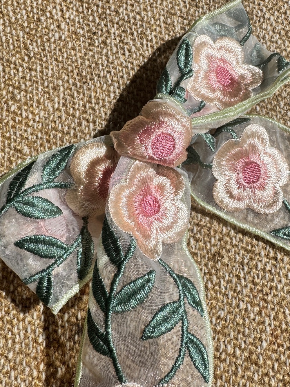 Handmade Vintage Floral Embroidered Organza Hair Bow - Pink & Green Brand New